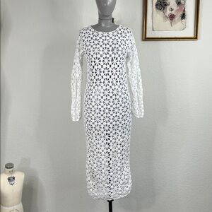 Notshy Crochet Knit Long Sleeve Cover Up Crew Neck Midi Dress